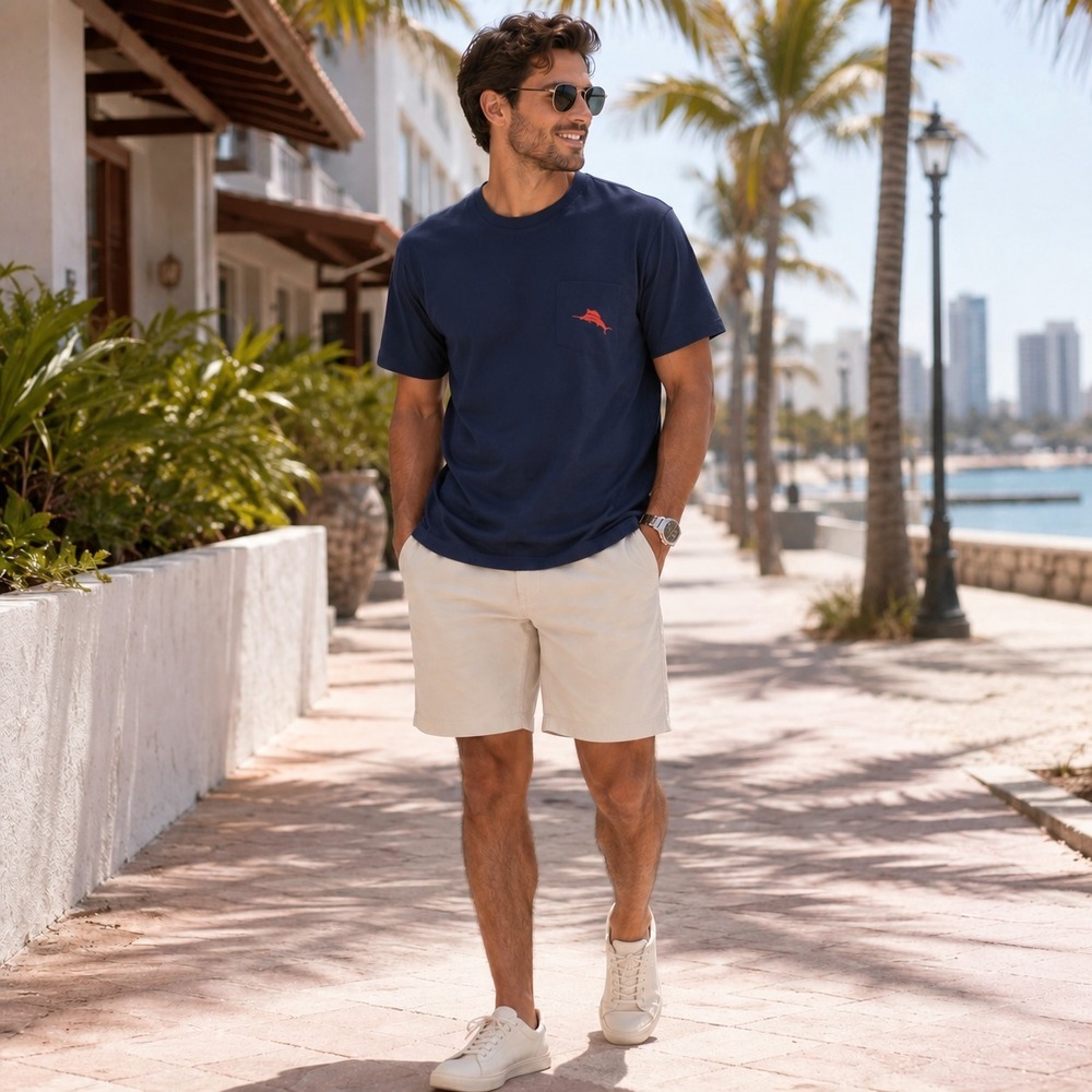 TOMMY BAHAMA Men New T-Shirt Navy MEDIUM Warmer Graphic 100% Cotton Short Sleeve